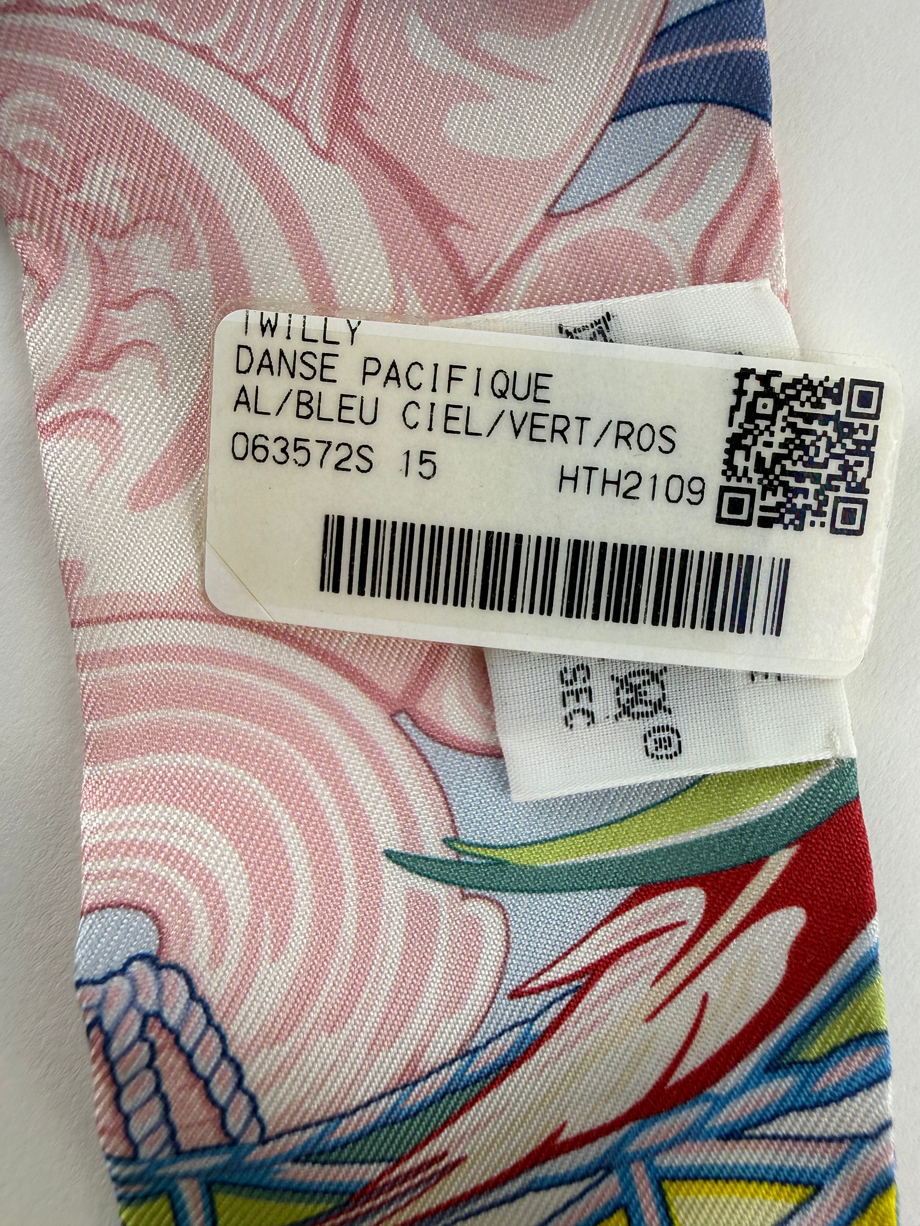 Hermes Danse Pacifique Bleu Ciel / Vert / Rose Silk Twilly Scarf