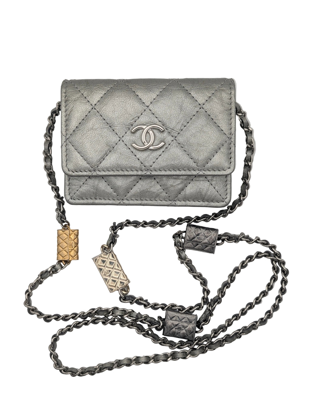 Chanel Metallic Silver Quilted Mini Bag with Limited Edition Charms