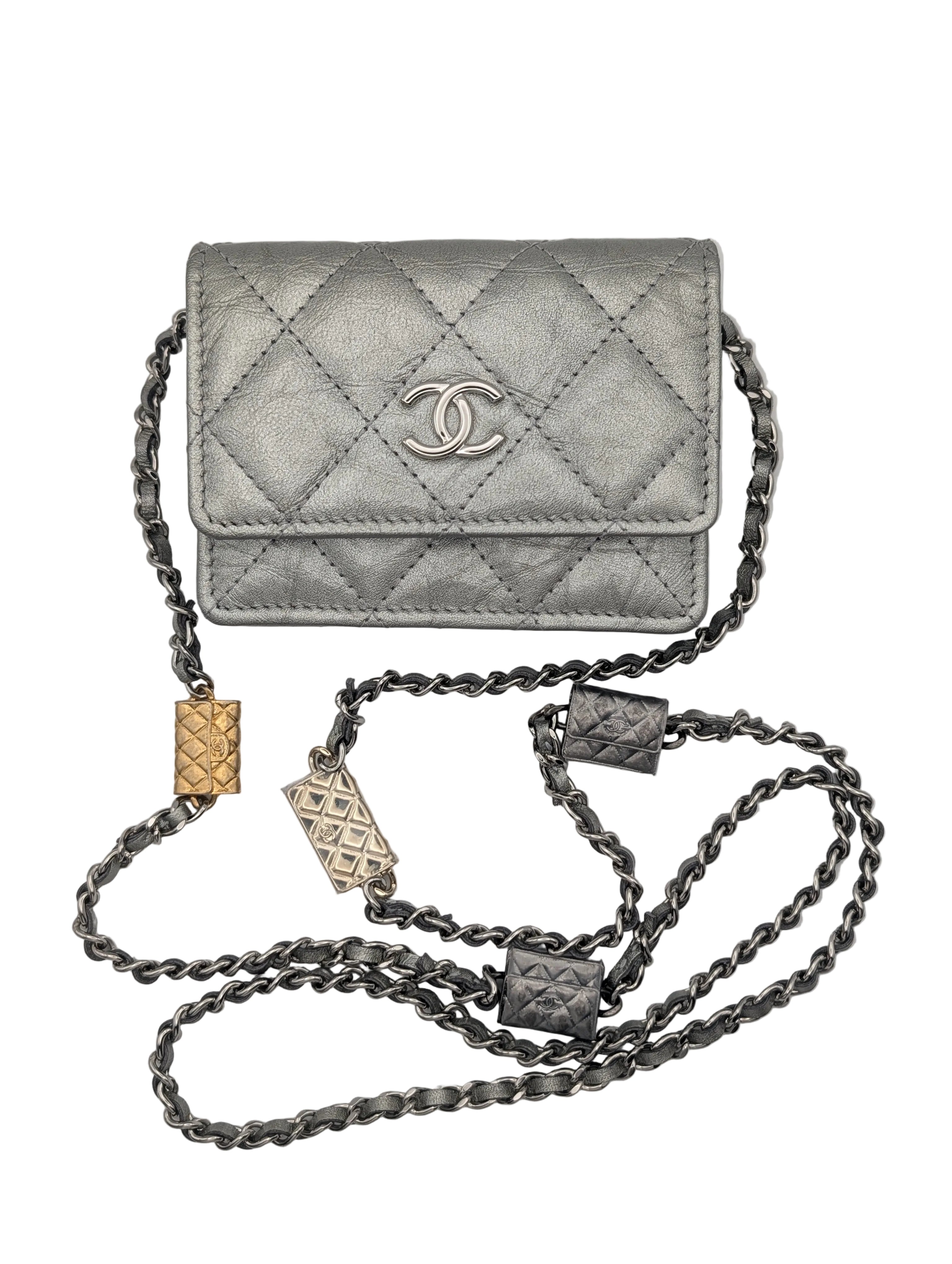 Chanel Metallic Silver Quilted Mini Bag with Limited Edition Charms