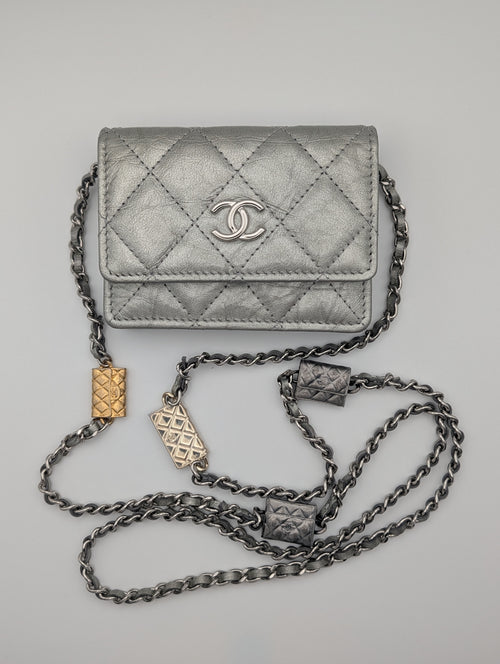 Chanel Metallic Silver Quilted Mini Bag with Limited Edition Charms