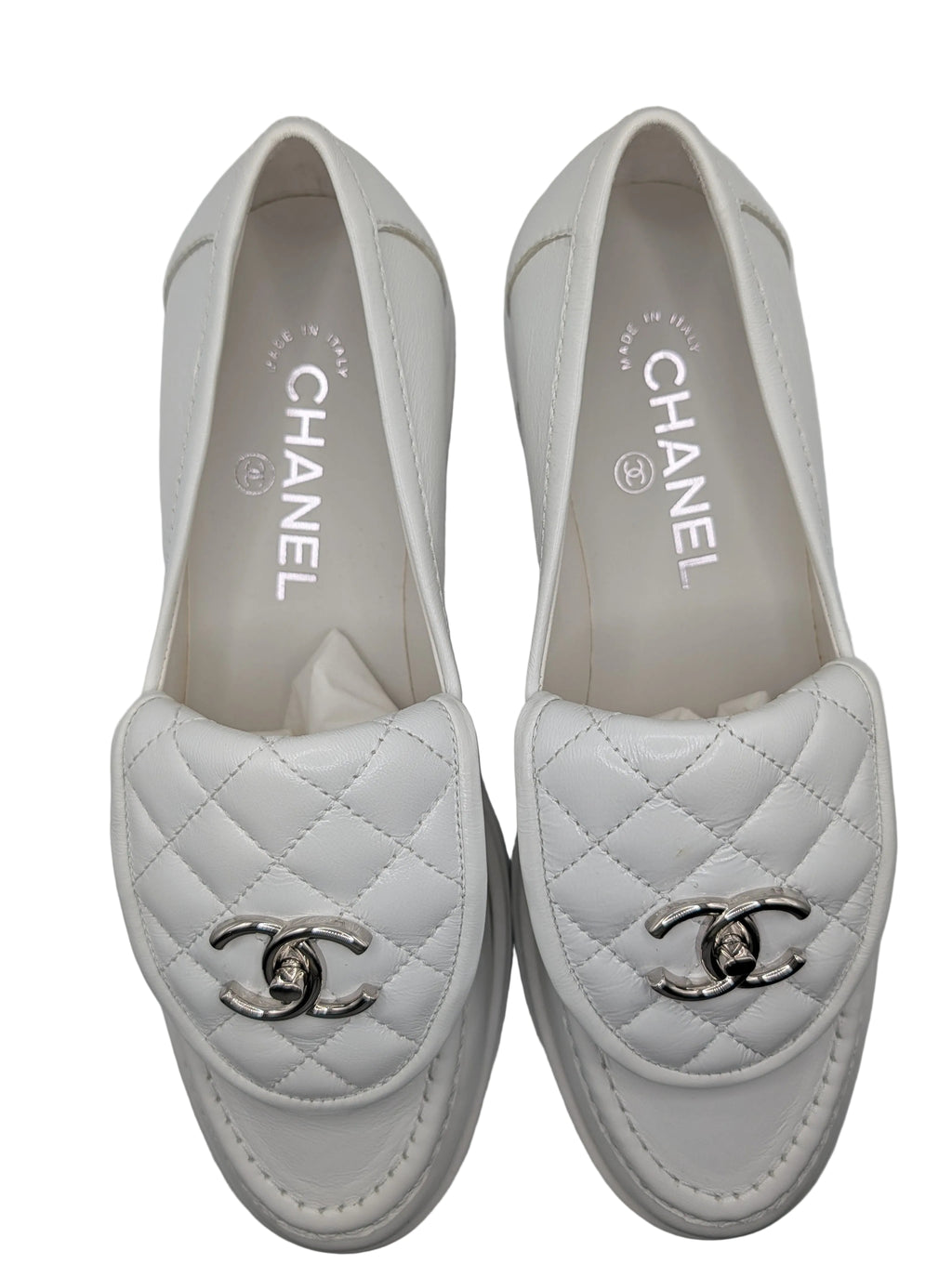 Chanel Quilted CC Loafers White Lambskin