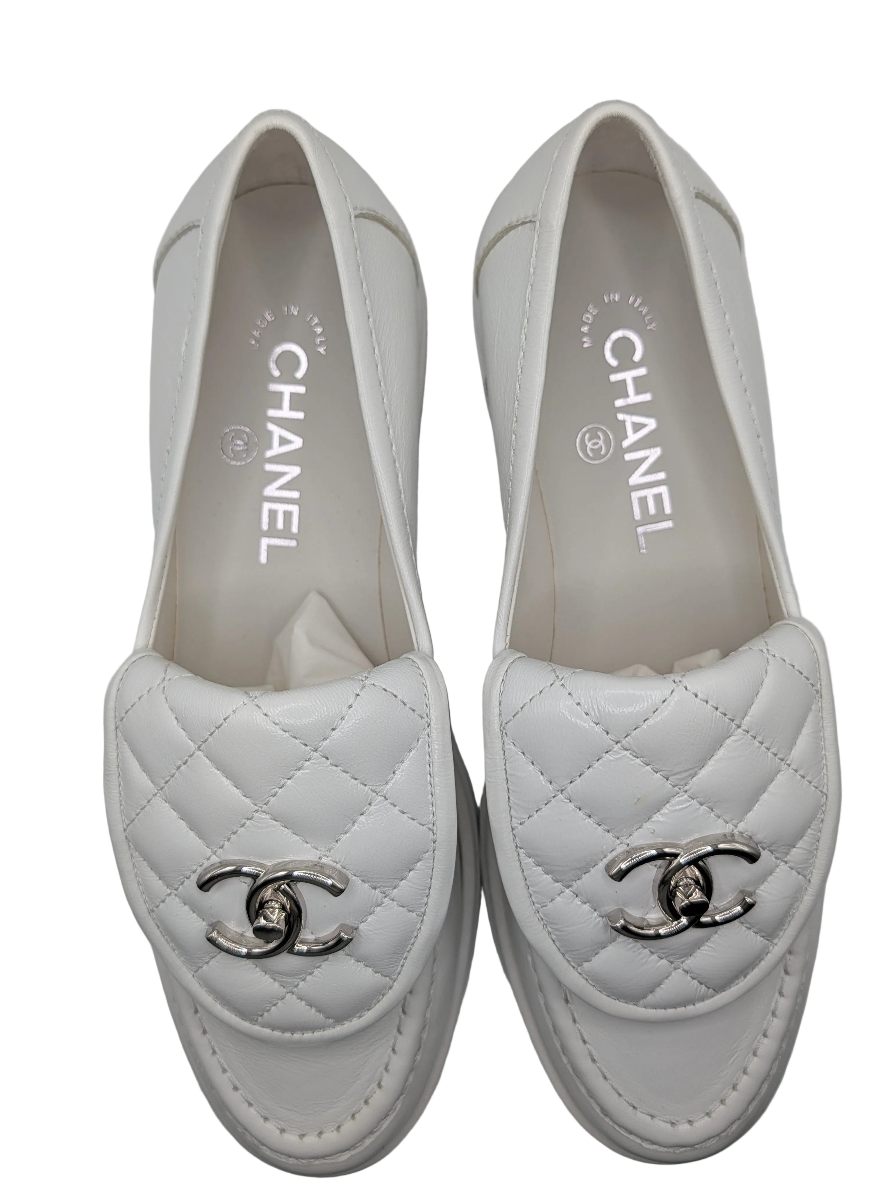 Chanel Quilted CC Loafers White Lambskin
