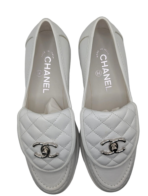 Chanel Quilted CC Loafers White Lambskin