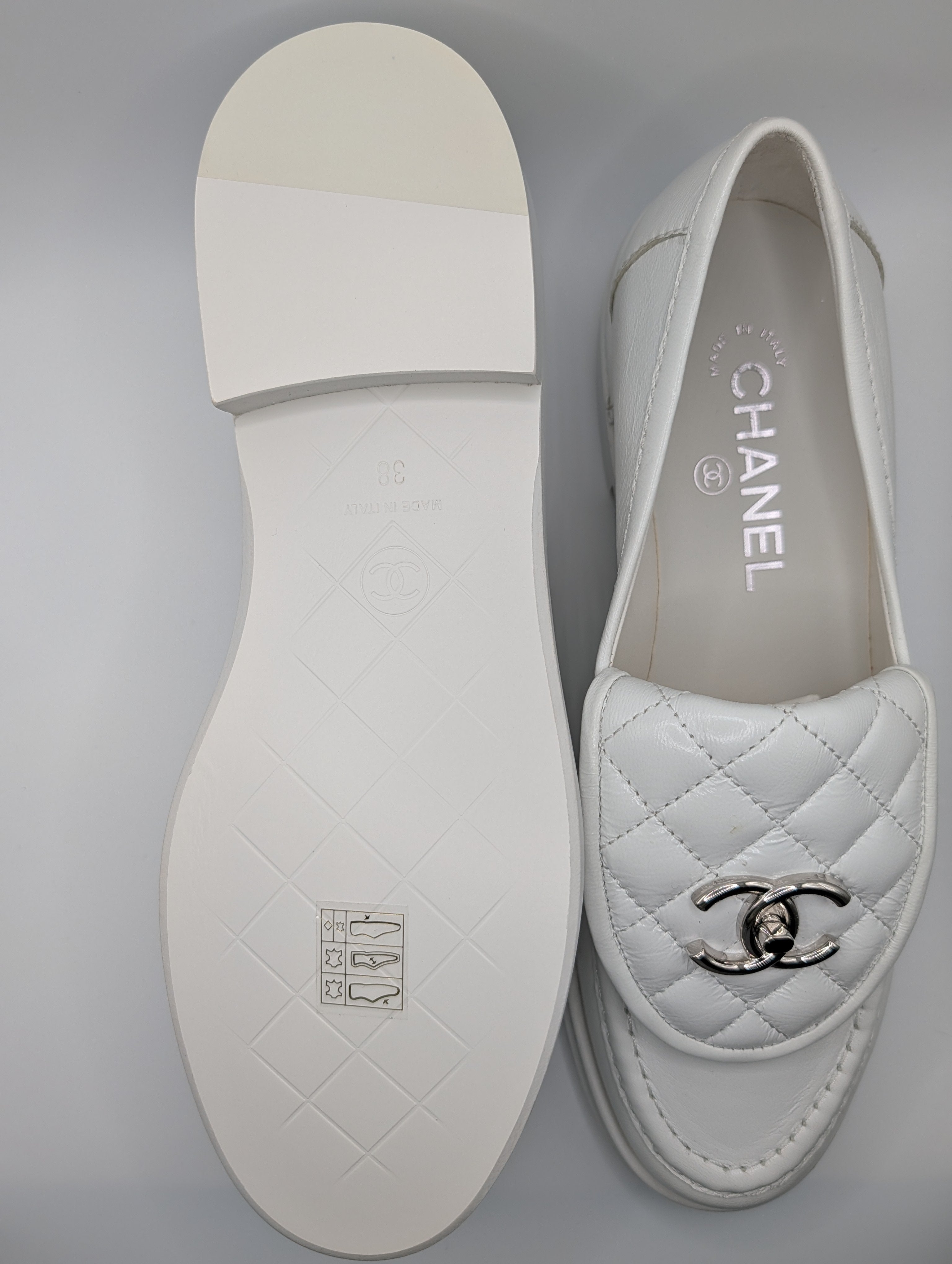 Chanel Quilted CC Loafers White Lambskin