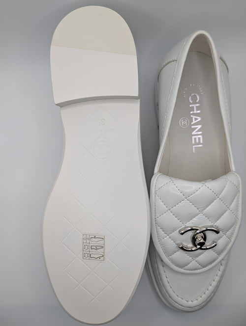 Chanel Quilted CC Loafers White Lambskin